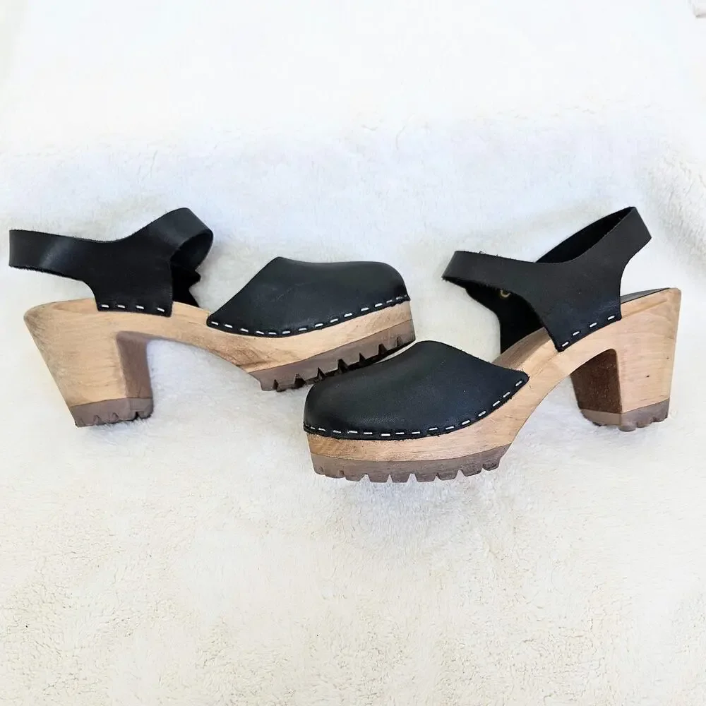 Mia Abba Wood Swedish Clog Platform Sandals Black Leather Size EU 38 US 7.5/8 - Picture 6 of 8